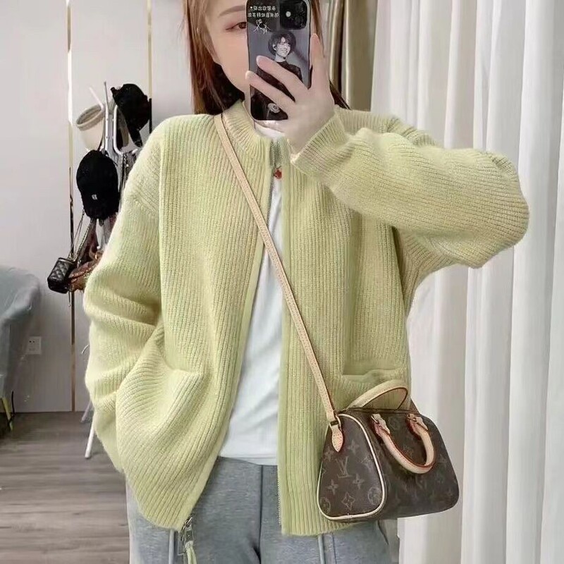 2026 Spring and Autumn New Style Lazy Chic High-End Vertical Ribbed Double-Zipper Round Neck Cardigan Retro Sweater Jacket for Women