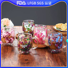 网红马克杯咖啡樱花玻璃杯高颜值水杯创意高硼硅干花真花隔热杯子