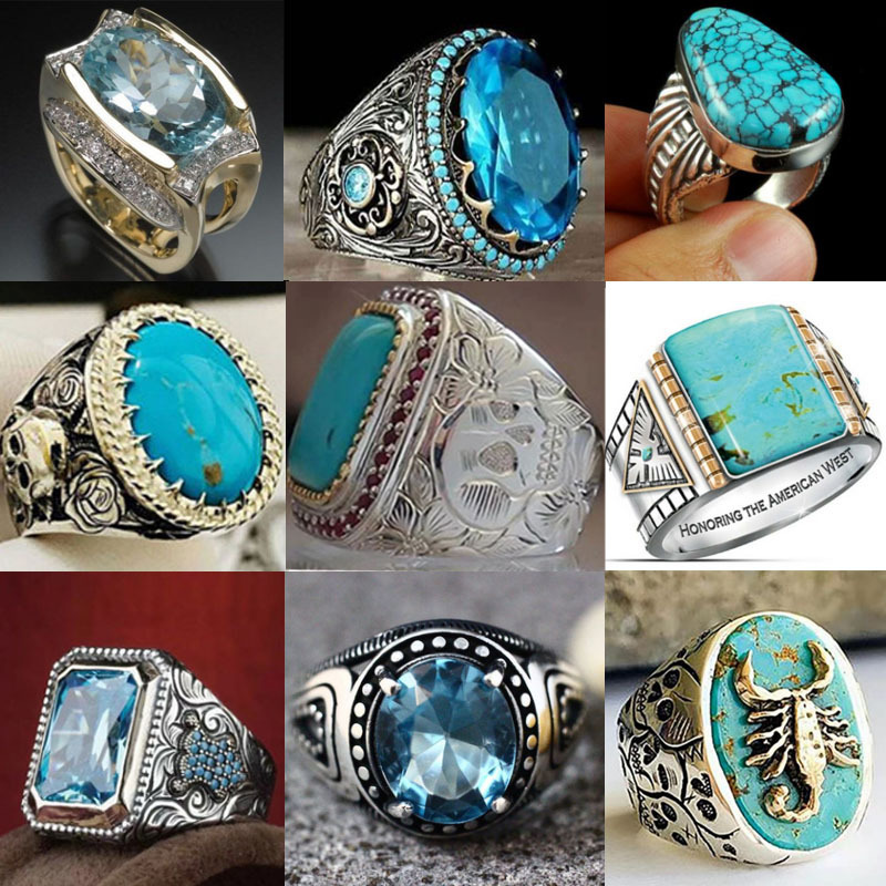 Europe and the United States cross-border jewelry Retro egg-shaped aquamarine ring men's fashion simple carving pattern ring Europe and the United States cross-border jewelry Retro egg-shaped aquamarine ring men's fashion simple carving pattern ring