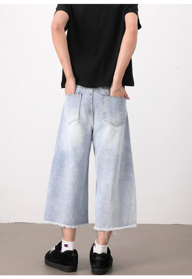 Quần short denim nam ống rộng dáng thẳng, kiểu Mỹ cổ điển, wash xước gấu, dài 8/10 — Màu xanh dương chi tiết 11