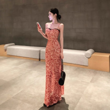 RHGD实拍2025新款复古蕾丝拼接自带胸垫印花抹胸吊带连衣裙