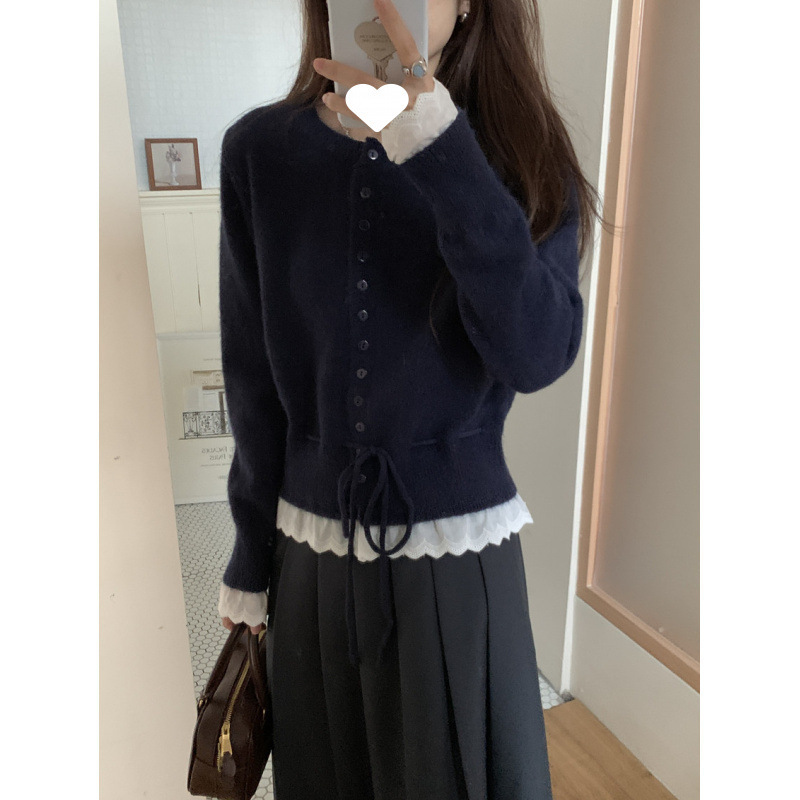 设计感红色针织开衫女早春年新款小个子系带多扣甜美内搭上衣|undefined