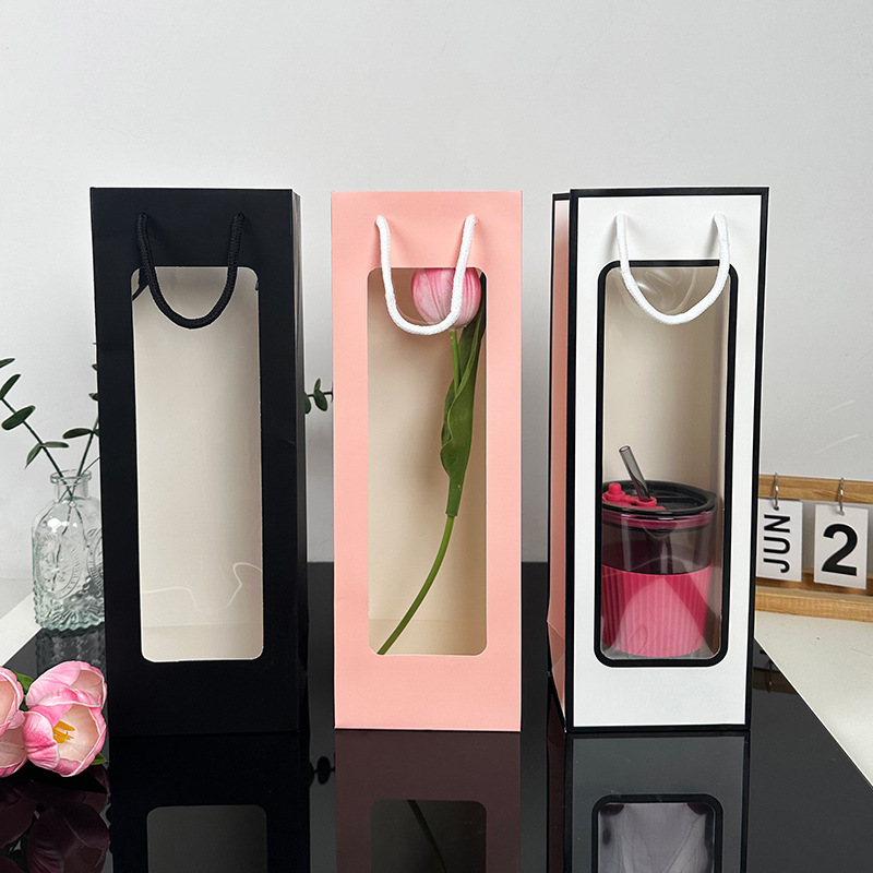 En stock bolso de vino tinto ventana transparente bolsa de regalo blanco tarjeta rectangular bolsa de regalo ramo bolsa de papel de embalaje al por mayor