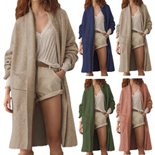 跨境外贸wish女装新款长款口袋针织开衫外套亚马逊秋冬大码毛衣女