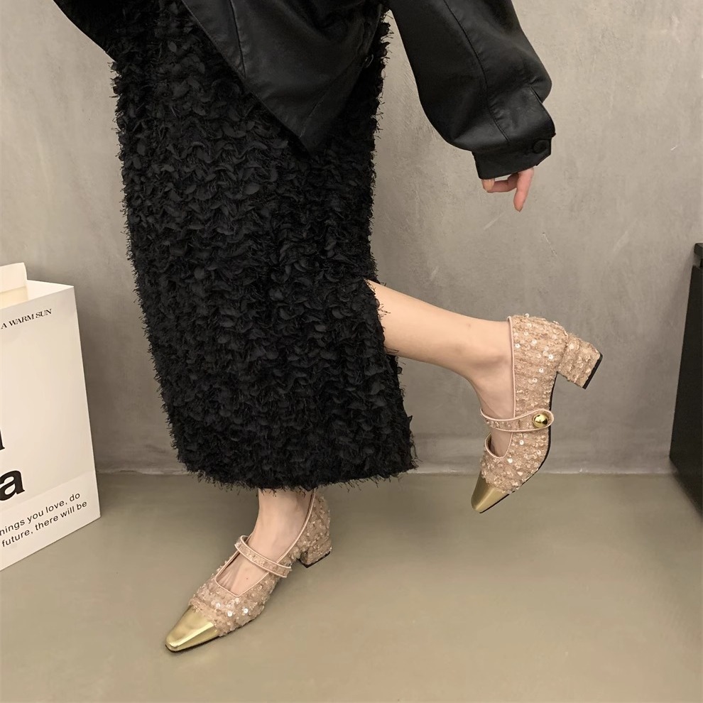 Chanel estilo tacones altos primavera y otoño tacón grueso noche lentejuelas zapatos de una sola capa zapatos de mujer estilo francés vestido negro Mary Jane zapatos