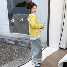 女童毛衣套装春秋季2025新款大儿童韩版针织外套蕾丝牛仔裤两件套