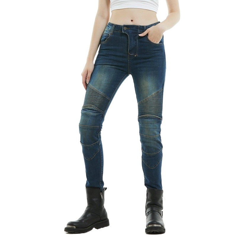 Pantalones vaqueros de la motocicleta de las mujeres retro angustiado casual motocicleta pantalones de montar Caballero de las mujeres estiramiento pantalones anti-caída 114-3