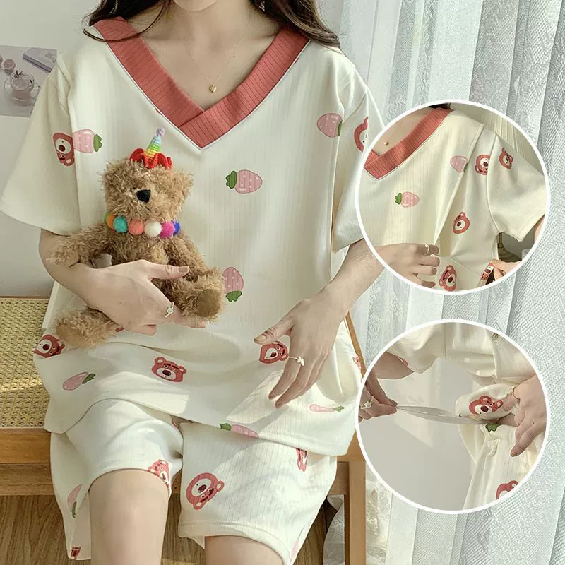 Новинка 2024 года, летние пижамы для беременных и кормящих женщин, свободная одежда для родов, костюм с короткими рукавами, домашняя одежда для кормления грудью