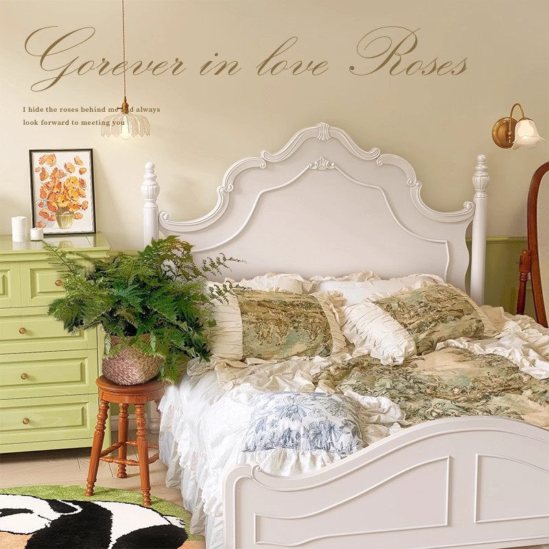 American Accessible Luxury Solid Wood Bed Modern Simple White 1.8 Double Bed 1.5 Retro French Bed Cream Style Princess Bed