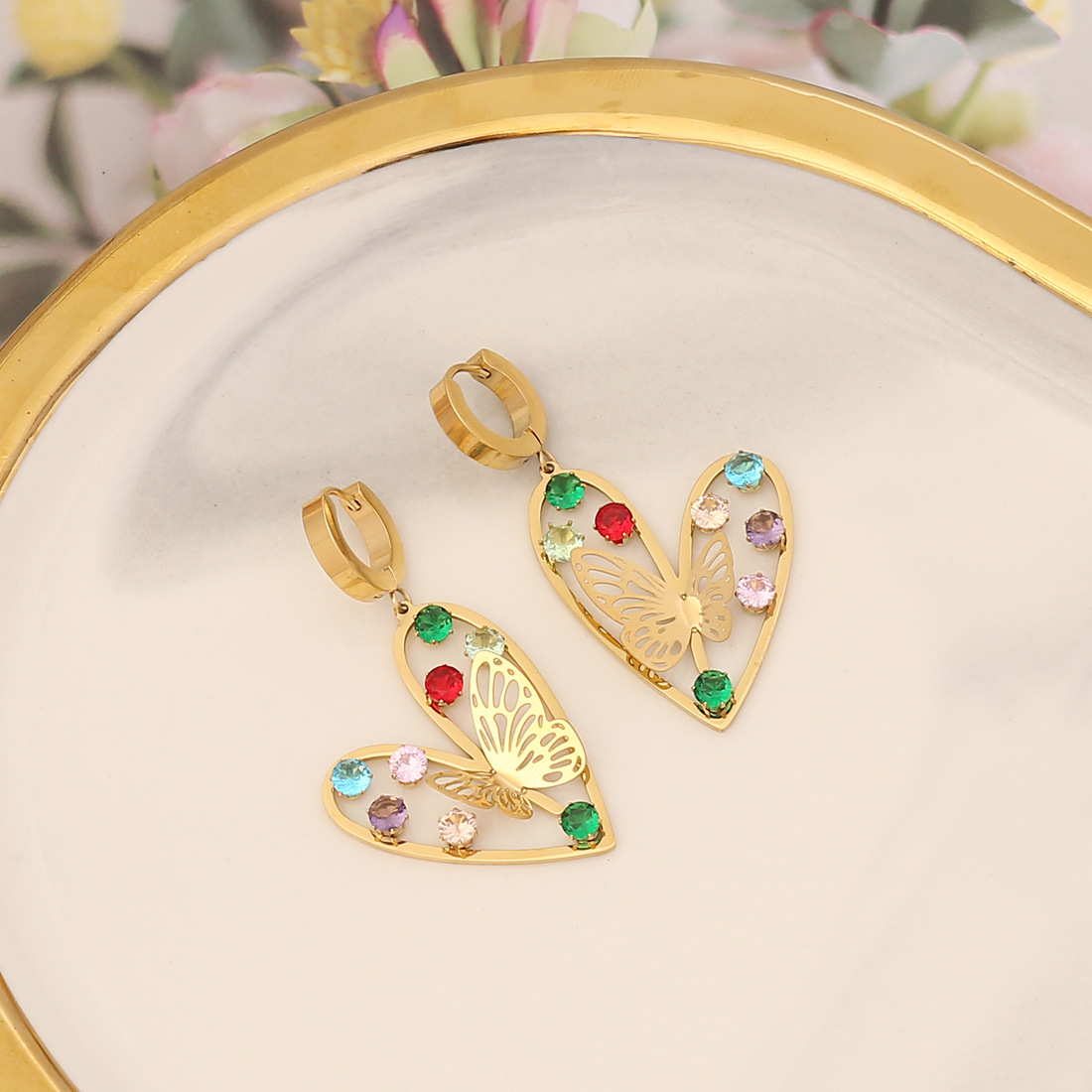 Exaggerated Star Heart Shape Butterfly Stainless Steel Inlay Rhinestones Earrings 1 Pair