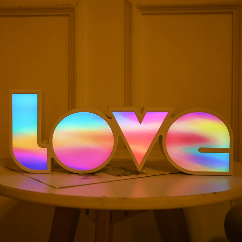 LED English‑letter decoration "LOVE", multicolor gradient sign, 40×20×6 cm, Valentine’s proposal decor