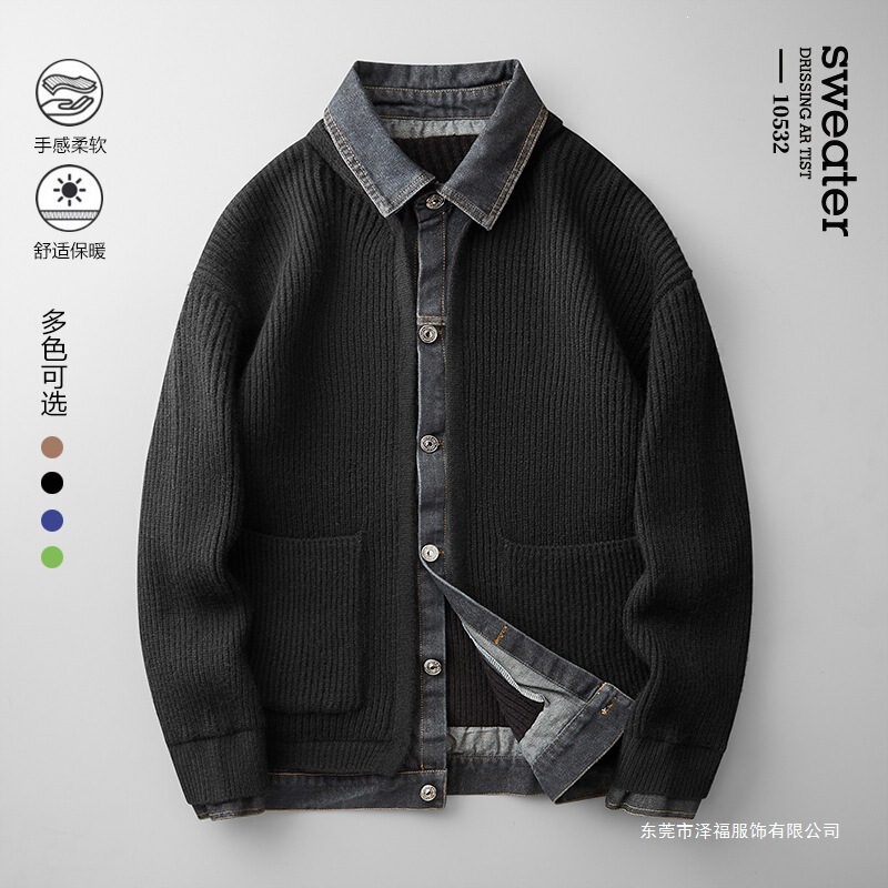 American-Style Trendy Denim Patchwork Faux Two-Piece Cardigan Sweater for Men, Autumn and Winter Niche High-End Versatile Knitwear Jacket American-Style Trendy Denim Patchwork Faux Two-Piece Cardigan Sweater for Men, Autumn and Winter Niche High-End Versatile Knitwear Jacket