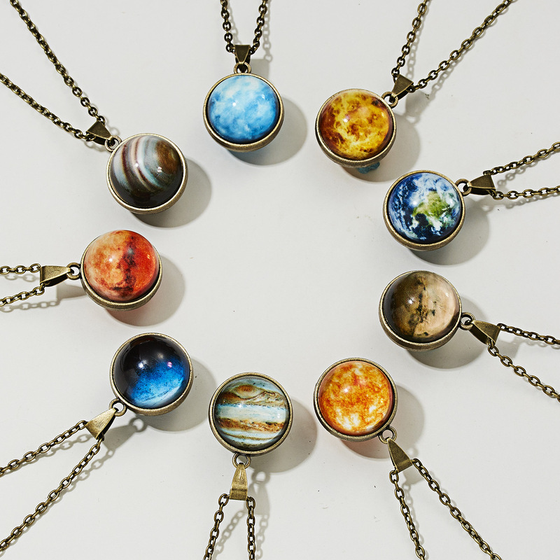 Cross-border Hot Selling European and American Personality Galaxy Pendant Necklace Eight Planets Luminous Double-sided Vintage Pendant Necklace
