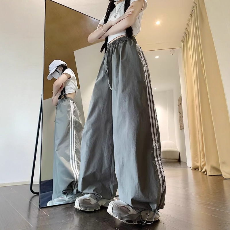 Cross-Border Retro Side-Striped Gray Sweatpants for Women, Three-Stripe Quick-Dry Cargo Wide-Leg Pants, High Street Jazz Dance Pants