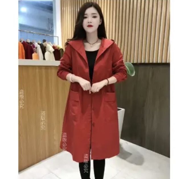 秋季年轻妈妈时尚风衣外套新款连帽纯色韩版口袋中长款洋气宽松女|undefined