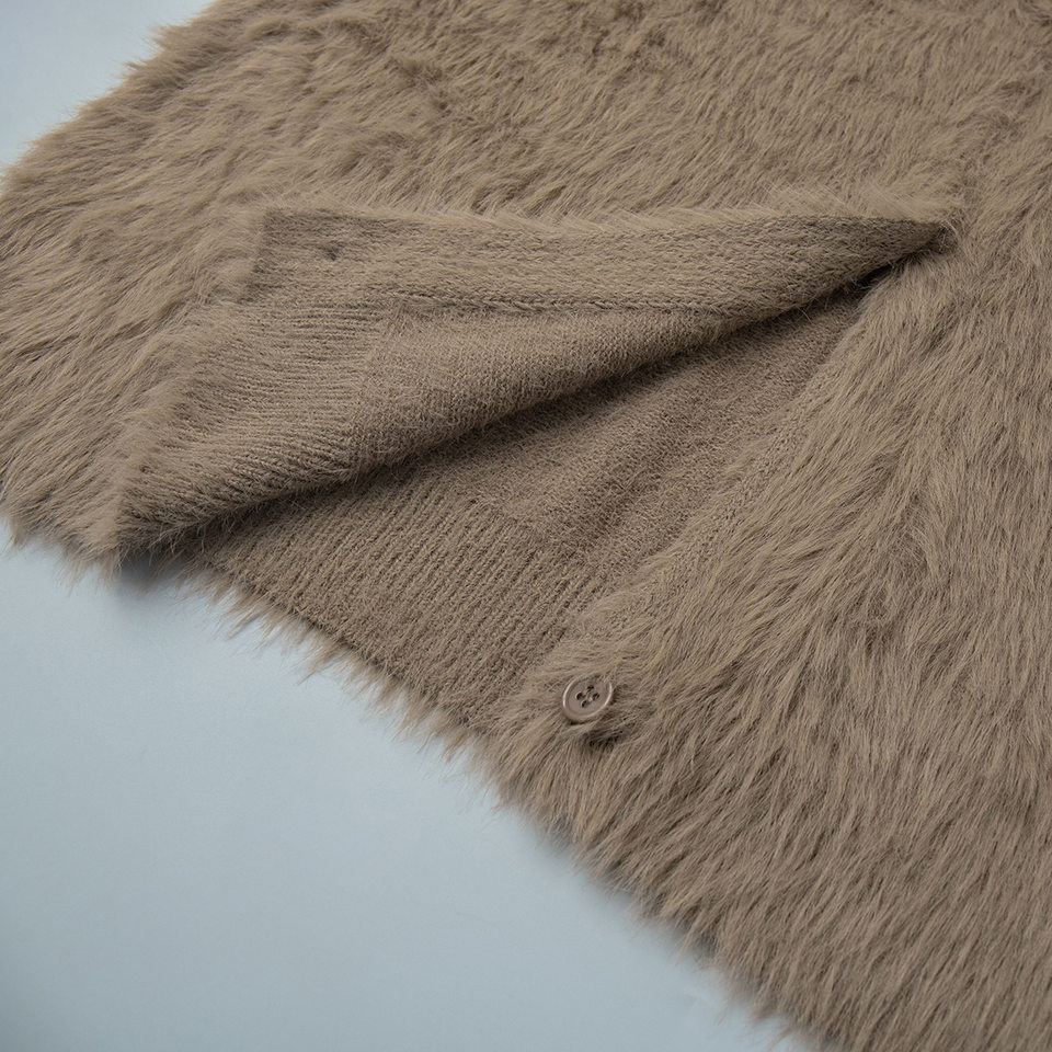 Áo cardigan len dệt kim giả lông chồn cổ V tay dài form rộng nữ — Màu hồng, Màu kaki, Màu trắng, Màu xám nhạt chi tiết 15