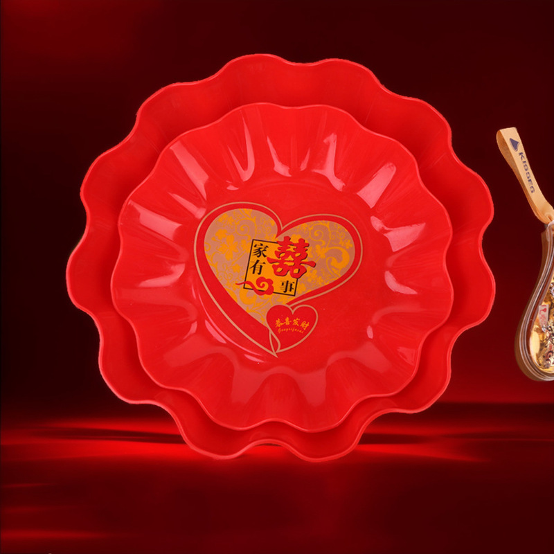 New 24CM red wedding creative wedding fruit plate festive plate fruit melon seeds wedding candy plate snack plate