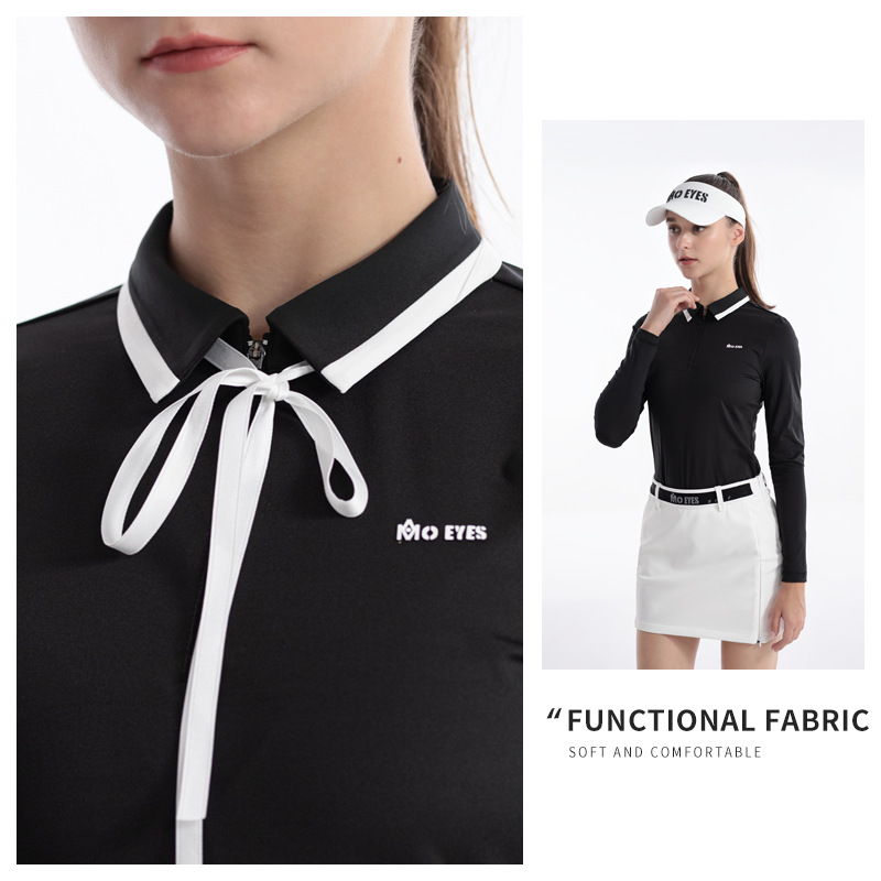 Áo golf nữ dài tay thắt nơ MO EYES vải co giãn thể thao thu đông — M23YF023-Trắng [phối với khăn lụa], M23YF023-Đen [với khăn lụa], M23YF019-Áo màu đen, M23YF019-Áo màu trắng