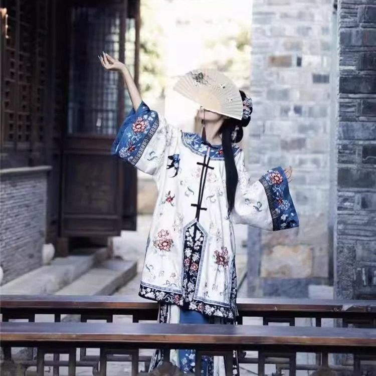 清汉女原创对襟圆领对襟汉服重工中式国风印花宫廷马面新款套装|undefined