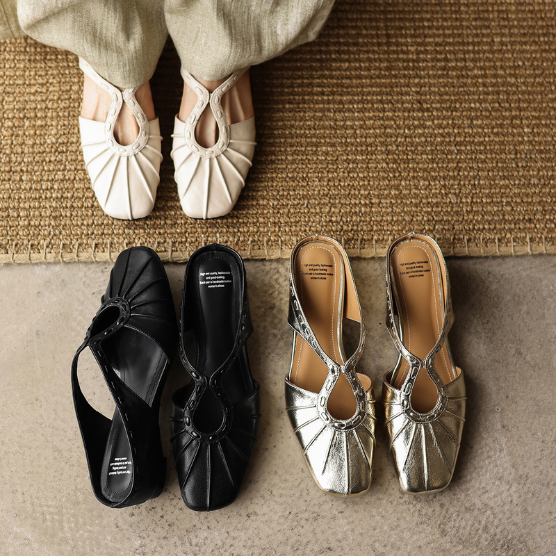 2026 Summer French-Style Wedge Hollow-Out Square-Toe Slippers for Women, Suitable for Outdoor Wear, Export