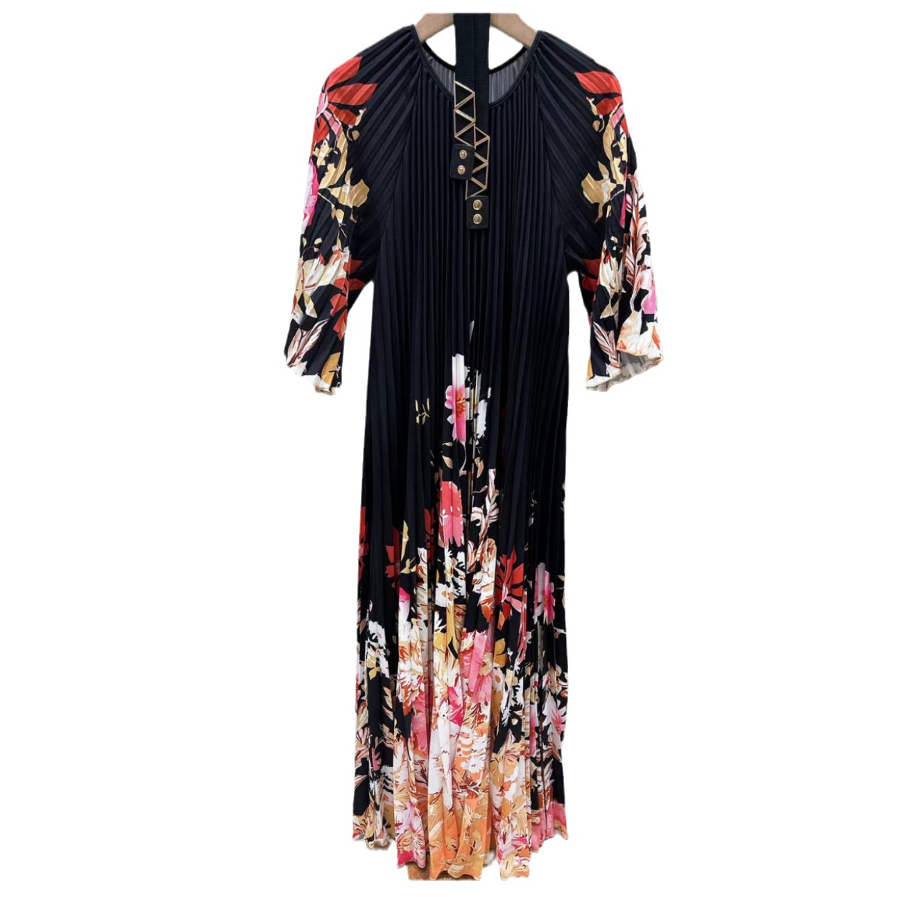 Women's Clothing pleated mid sleeve printed belt new style dress round neck women's pleated skirt_voghion.com