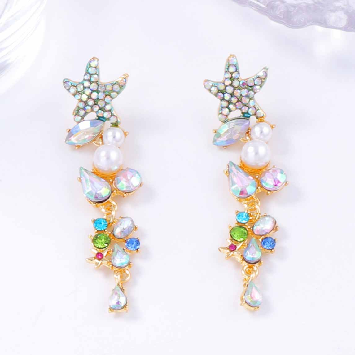 European and American fashion cross-border exaggerated temperament starfish long alloy connection inlaid colored diamond pearl earrings