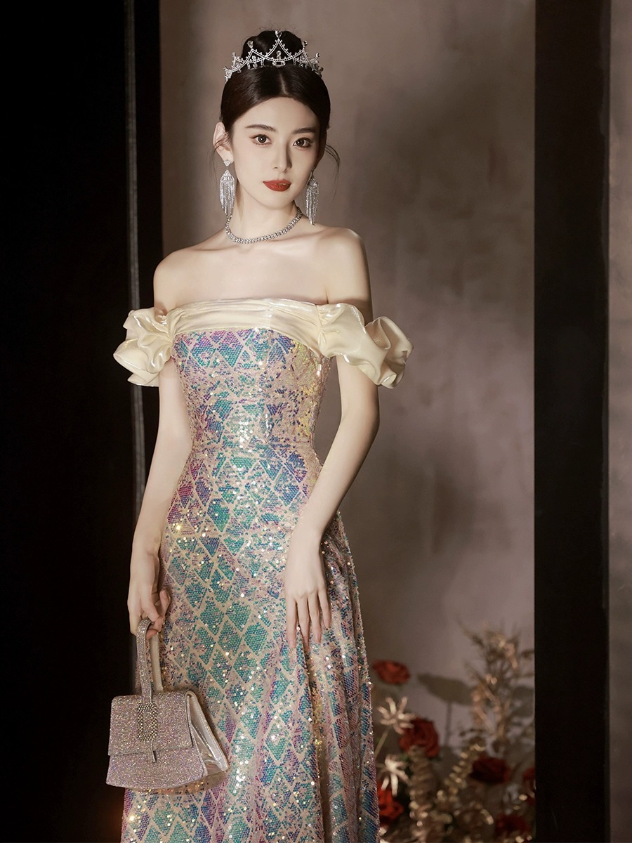 Sequined evening dress women's off-shoulder high-end niche light luxury annual meeting host vocal music art exam shiny dress