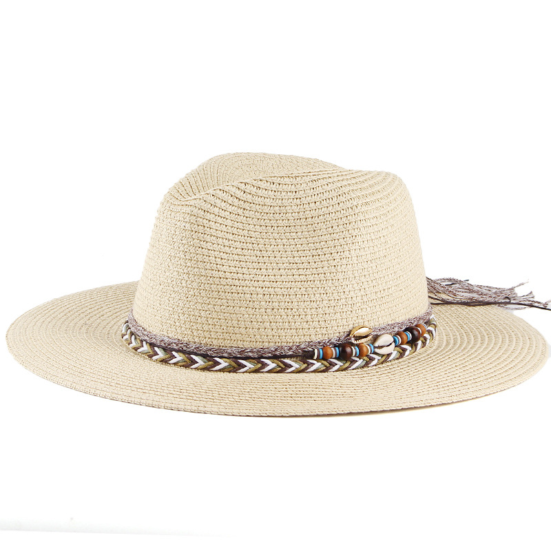 Comercio exterior fábrica venta al por mayor estilo étnico cuerda creativa decorativa sombrero de paja verano hombres y mujeres sombrero de sol al aire libre