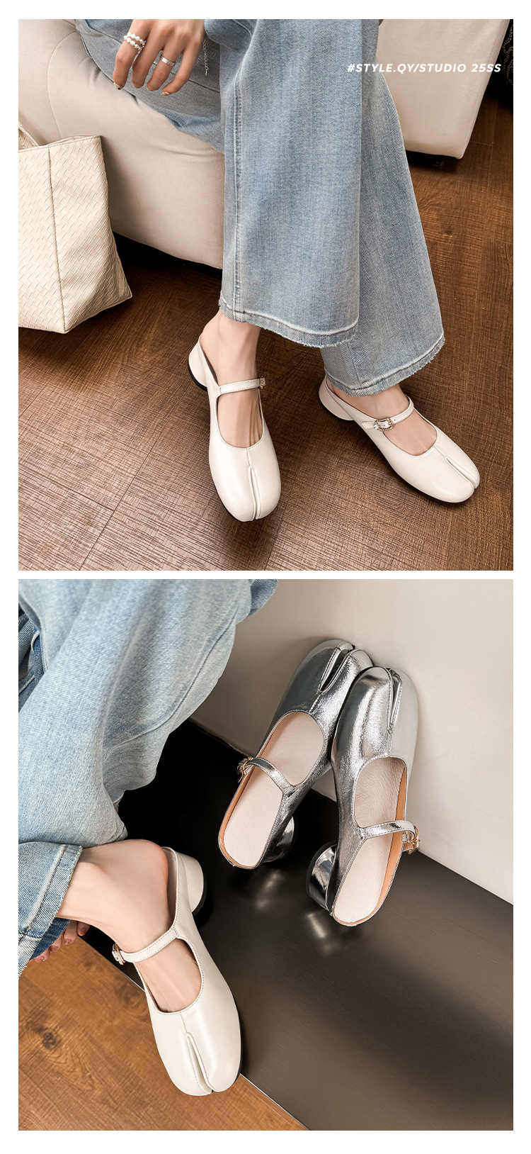 Mule nữ gót thấp quai ngang một khóa, mũi nhọn hở gót, phong cách lười biếng — màu trắng ngà, bạc chi tiết 12