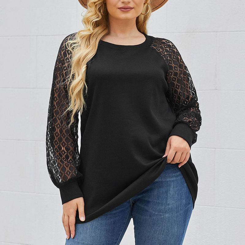 Trendy European and American New Style Hollow-Out Round Neck Plus-Size Pullover Women's Autumn Lace Splicing Solid Color Loose Plus-Size Top