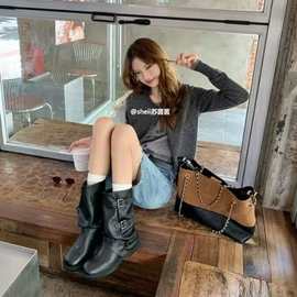 小码靴子黑色裤管靴女复古炸街辣妹方头显瘦皮带扣粗跟褶皱管靴