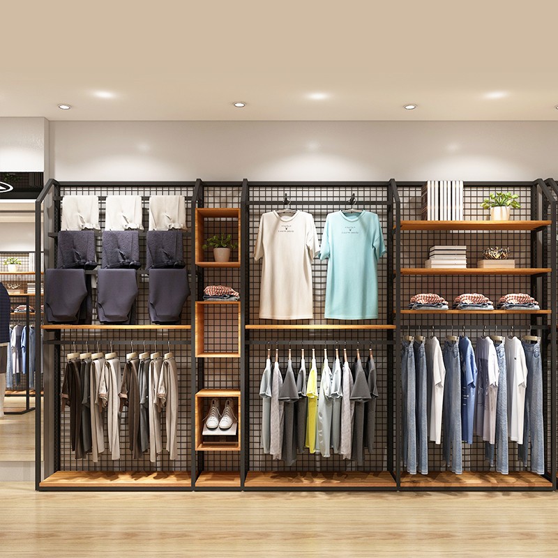 Tienda de celebridades en línea tienda de ropa para hombres estante estilo industrial malla metálica tablero columna tienda de ropa estante de exhibición tipo de piso