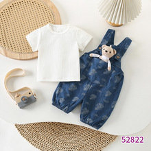 夏季新款儿童套装  小熊牛仔背带裤男女宝宝短袖两件套婴儿外出服