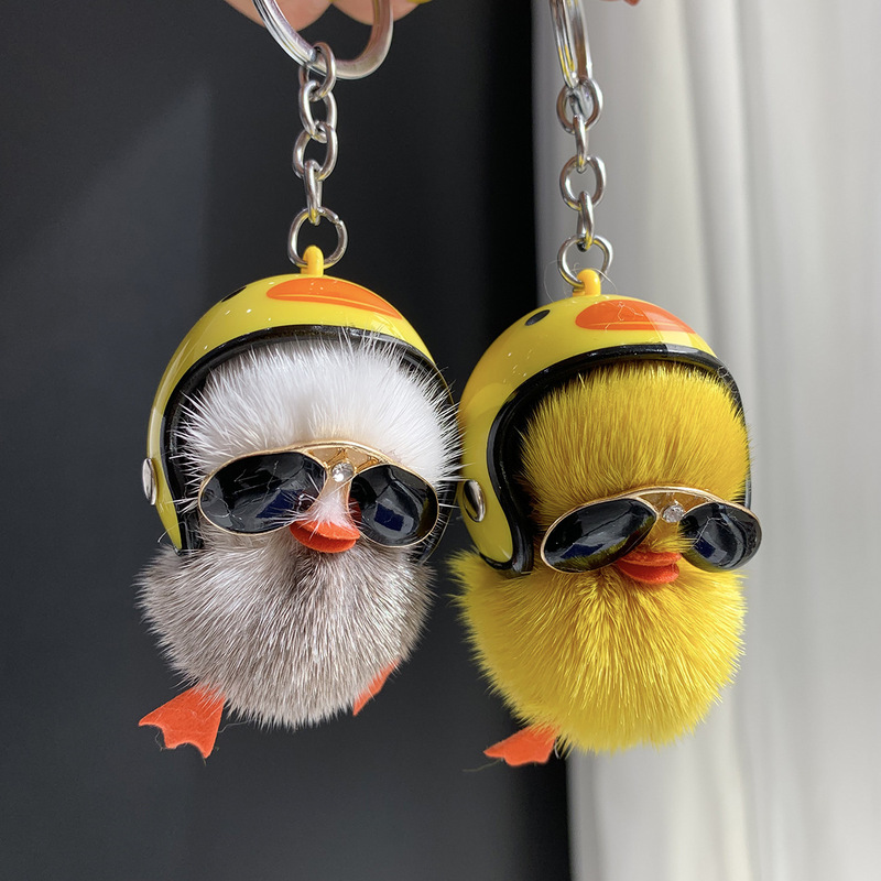 [Helmet little yellow duck] mink fur cute little duck car keychain Plush Bag pendant mobile phone ornaments