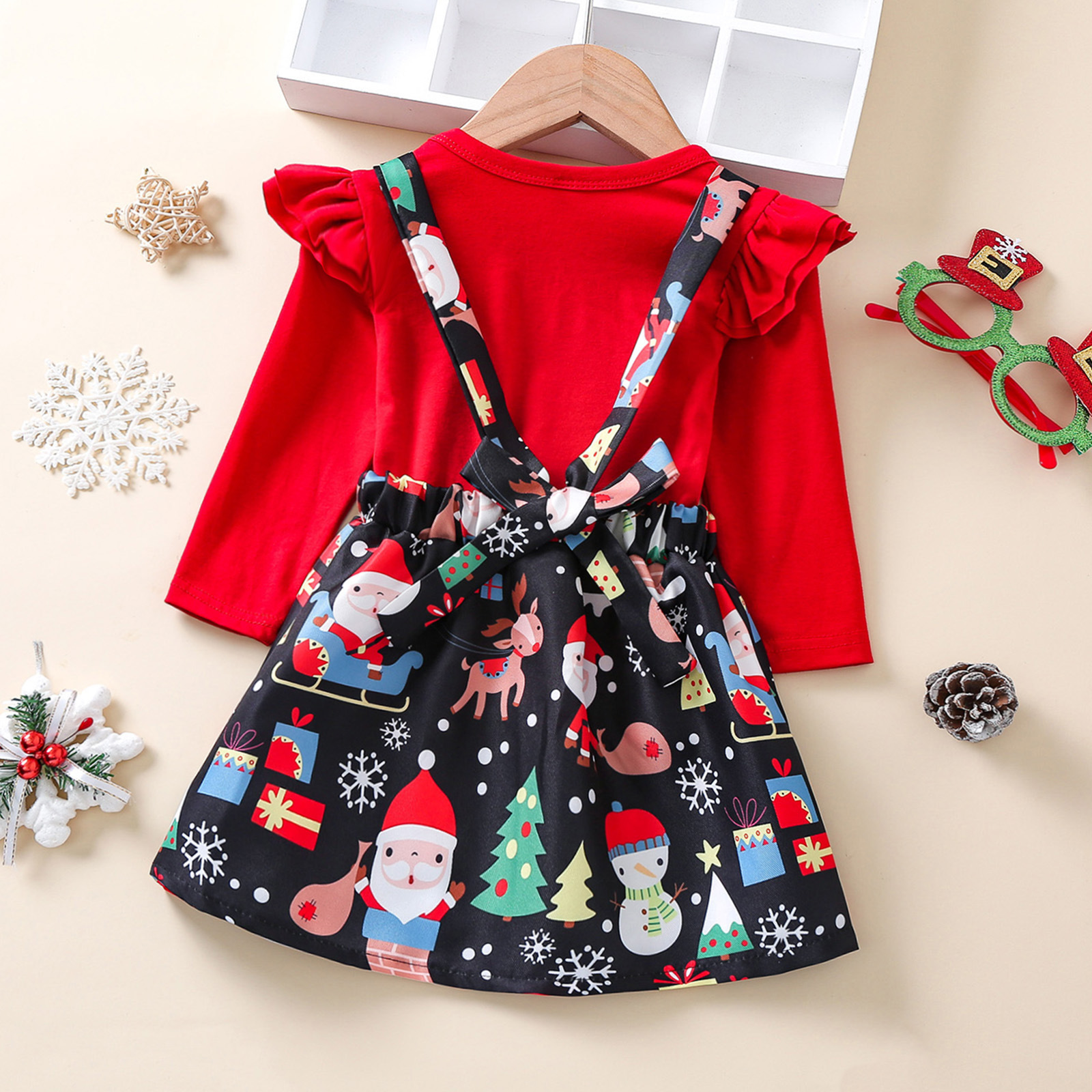 Girls autumn long-sleeved santa print suspender skirt suit