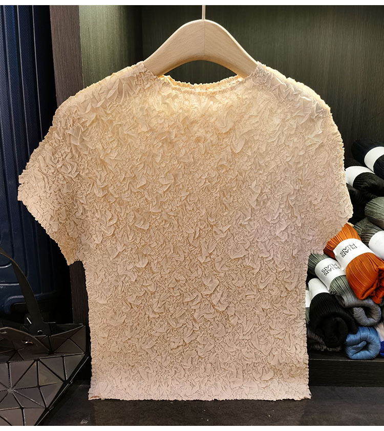 Áo thun ngắn tay nữ cổ tròn xếp li dập nổi kim cương, chất liệu cotton phối polyester, form suông thoải mái, phù hợp đi làm và dạo phố mùa hè — Màu hồng, Màu xanh lá, Màu mơ chi tiết 15