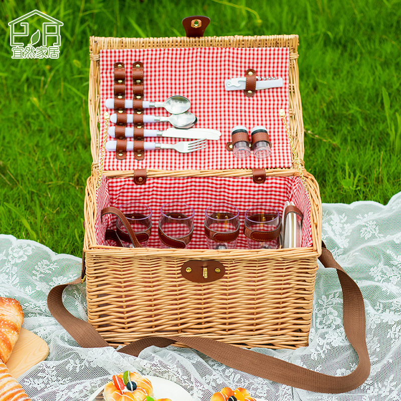 Wicker Basket Outdoor Picnic Storage Box for Camping Picnics with Lid Hand Carry with Cutlery Wicker Picnic Basket 