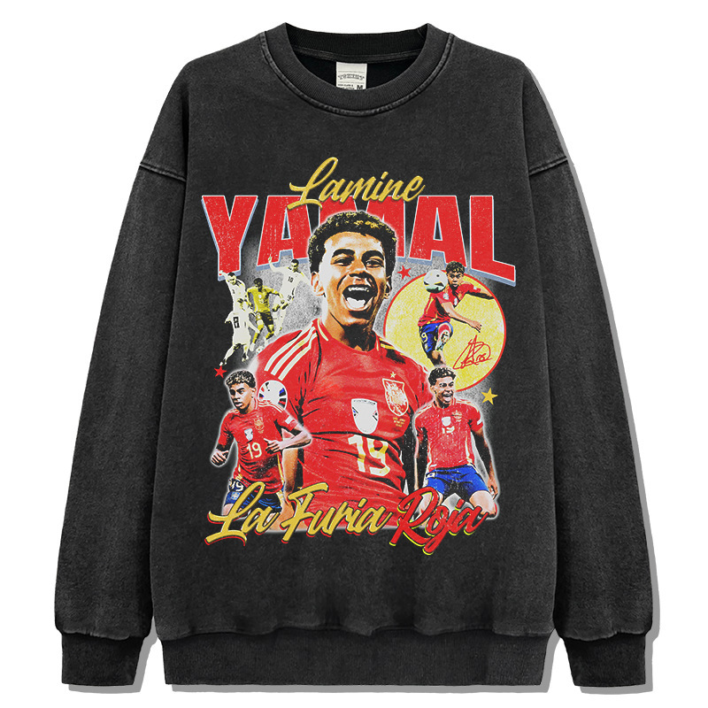 Yamal fútbol americano callejera hip-hop marca de moda impresión retro hacer vieja lavadora suéter suelta