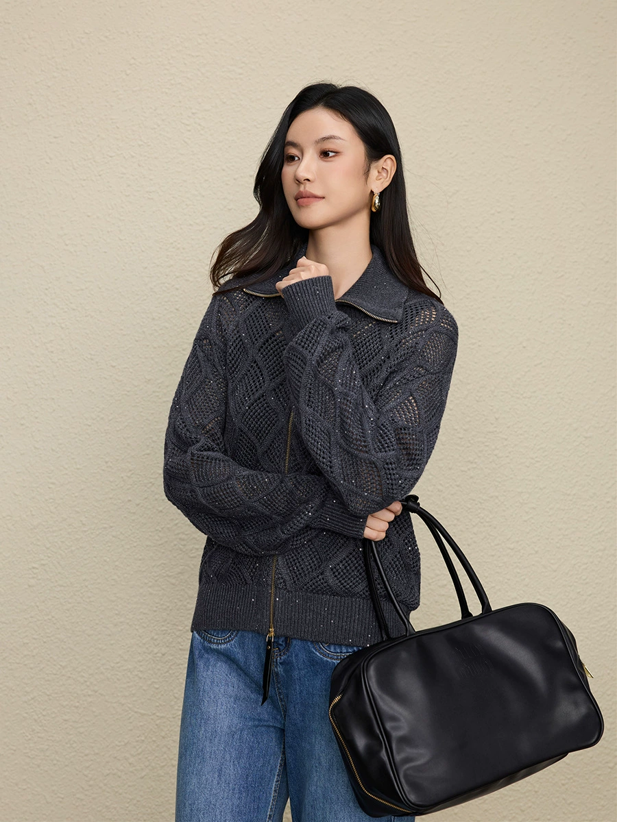 Woolen woven knitted cardigan with diamond pattern with zipper, solid jacket, bright catchy style