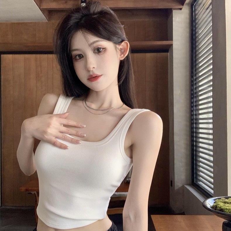 2896#纯欲辣妹U领宽肩带背心显瘦大露背一体式带胸垫百搭上衣女