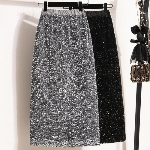 Large size slightly fat MM sequined skirt for women's spring new style high-end shiny high-waist mid-long skirt