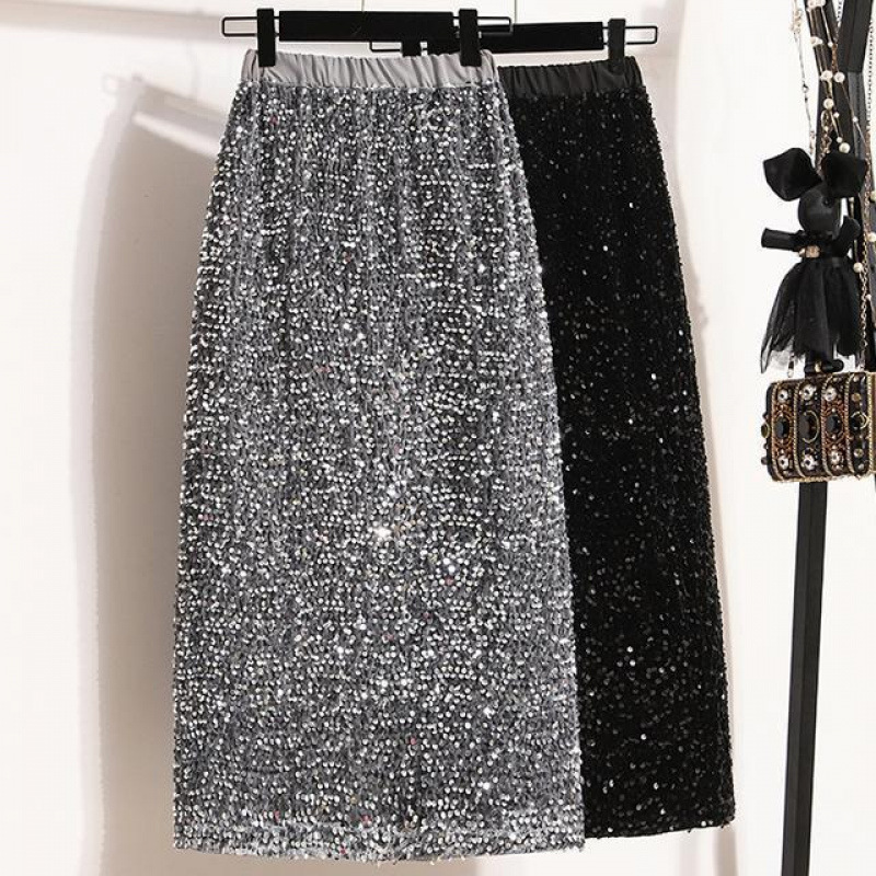 Plus Size Fat mm Sequin Skirt Women's 2024 Spring New High-End Shiny High-Waisted Mid-Length Skirt