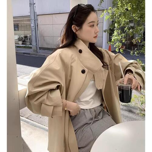Korean chic autumn retro British-style stand-up collar design sense niche loose long-sleeved trench coat for women