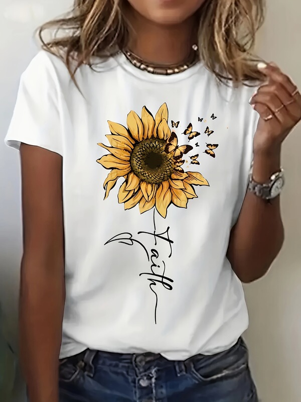 2025 Cross-Border European Size [Happy Touch] Women's Sunflower and Butterfly Pattern T-Shirt - Pure Cotton T-Shirt
