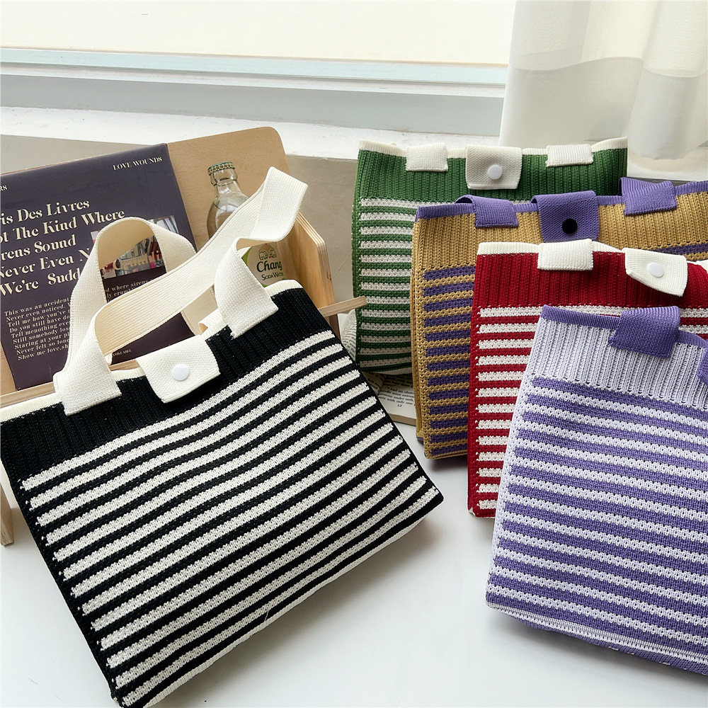 202g Weight Polyester Lining Material Buckle Closure Type Double Shoulder Straps Strap Type Tote Bag Bags Type Daily, Shopping Occasion Knit Material Stripe Pattern All Seasons Season Women's Gender Classic Style Style Medium Size Women's Medium Knit Stripe Classic Style Buckle Tote Bag 4
