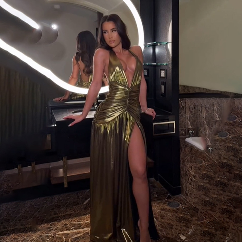 Sexy deep V halter neck backless slit evening dress, ultra-long dress for cocktail parties and balls