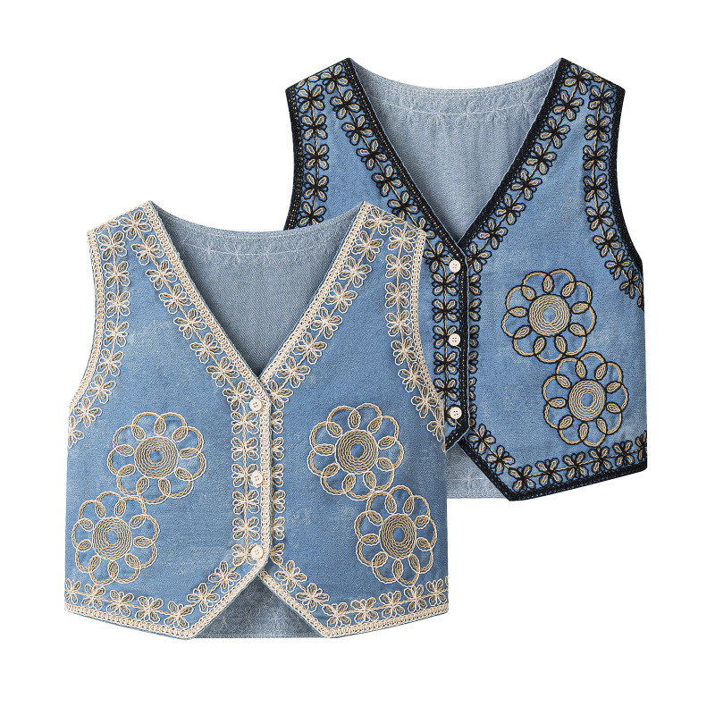2026 Summer New Style National Style Retro Embroidered Denim Vest for Women, Stylish and Age-Reducing Sleeveless Vest Outerwear
