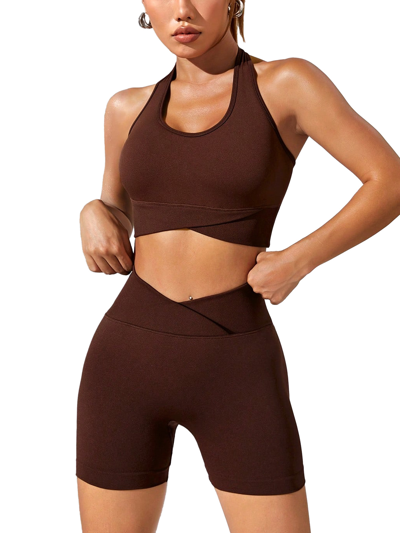 Nuevo punto sin costuras color sólido Cruz cintura fitness traje Halter deportes belleza espalda sujetador melocotón cadera levantamiento fitness Pantalones