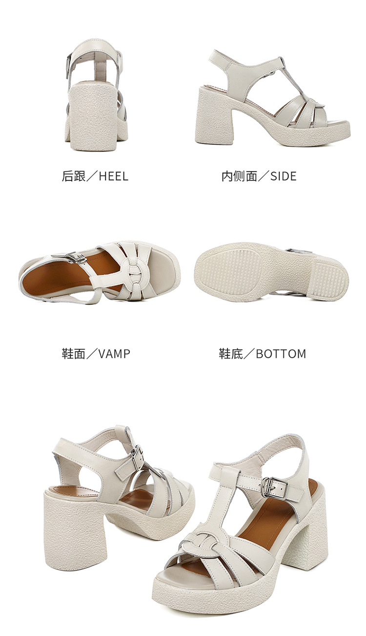 Sandal cao gót nữ quai ngang da thật phong cách La Mã đế dày gót thô — Màu đen chi tiết 35