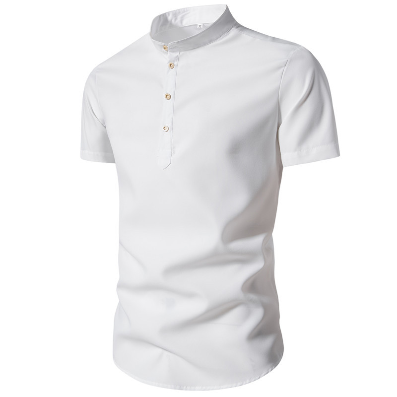 2023 caliente verano color sólido collar de pie camisa casual de los hombres de manga corta camisa de comercio exterior jersey de los hombres top ropa de los hombres